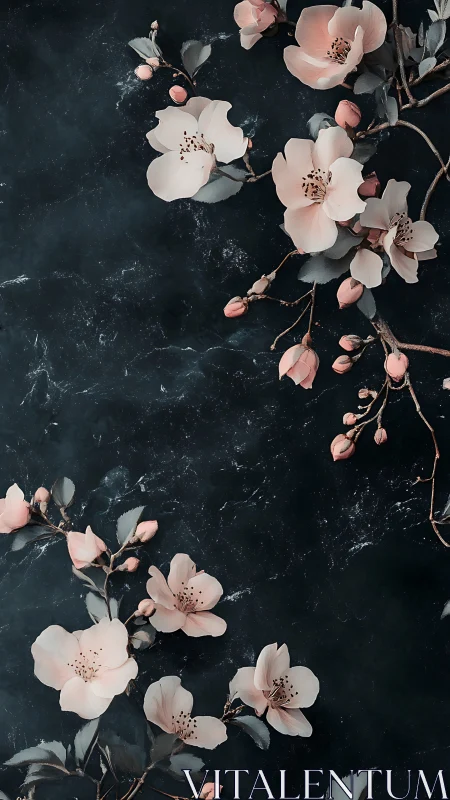 Delicate Cherry Blossoms Against Dark Weathered Surface.