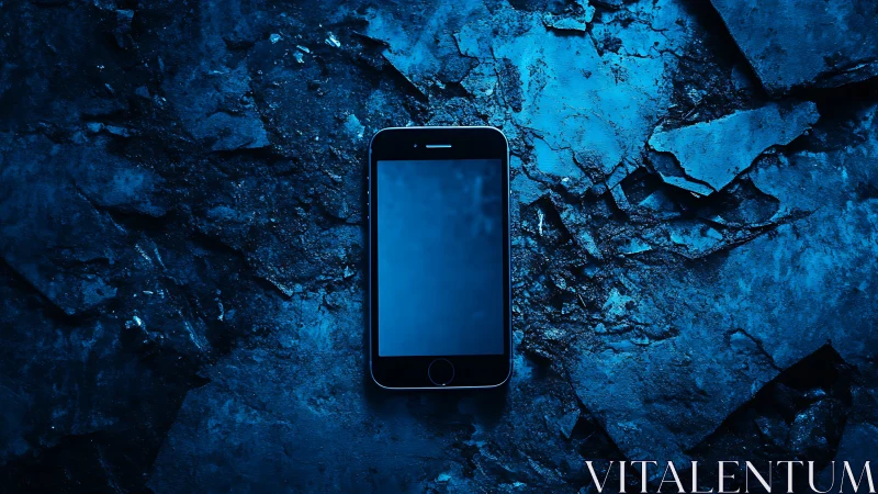 Midnight smartphone resting on cool cracked blue stone.