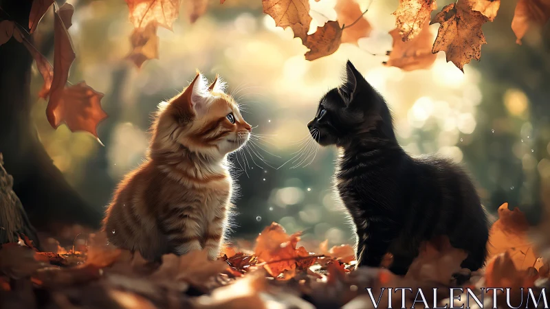 Two kittens face each other among autumn leaves in golden light