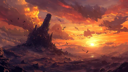 Fiery sunset sky welcomes a lone dark tower on the horizon