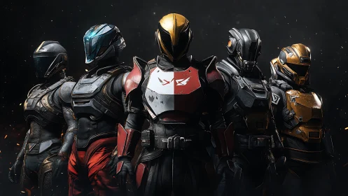 Armored sci fi squad stands united in cinematic darkness.