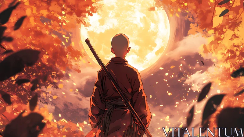 Solitary robed figure observes full moon through autumn foliage