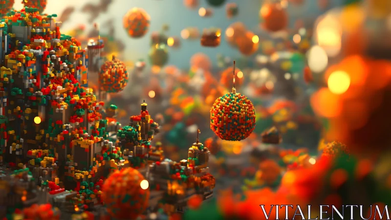 Voxel spheres drift above a glowing pixel metropolis.