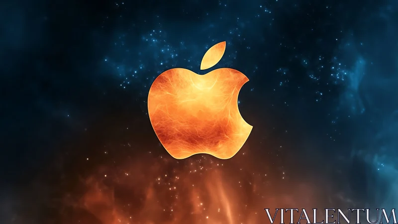 Glowing orange apple emblem on cosmic blue fire background.
