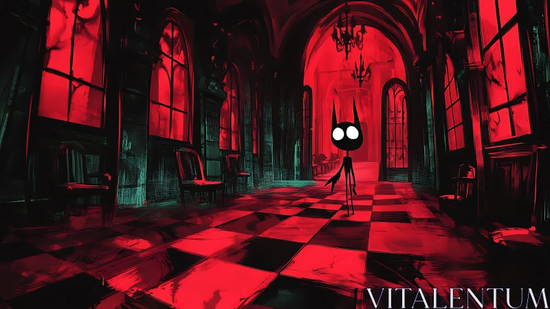 Stylized figure in red-lit gothic hallway interior scene.
