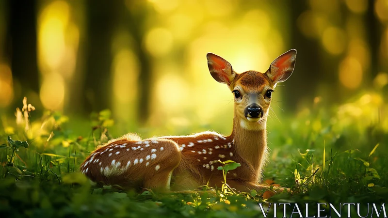 Young spotted fawn lies on sunlit forest floor in focus