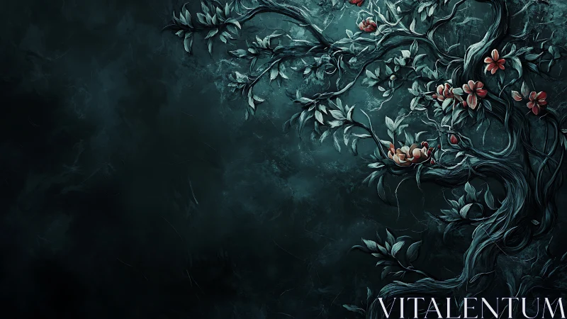 Twisting floral tree silhouette rendered against textured teal void