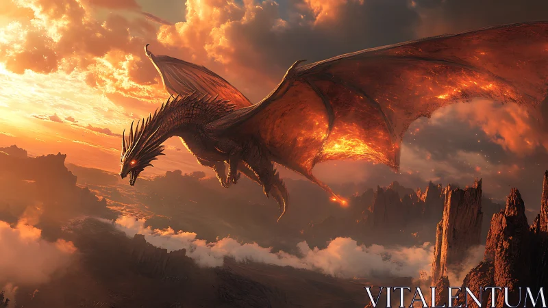 Fire dragon soaring above volcanic cliffs at sunset.