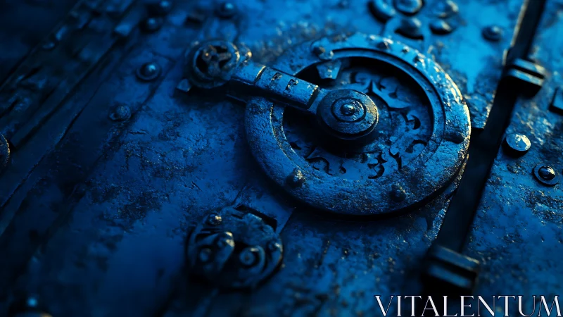 Midnight lockwheel guarding a weathered iron mystery door.