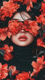 Female portrait obscured by dense red blossoms on black.