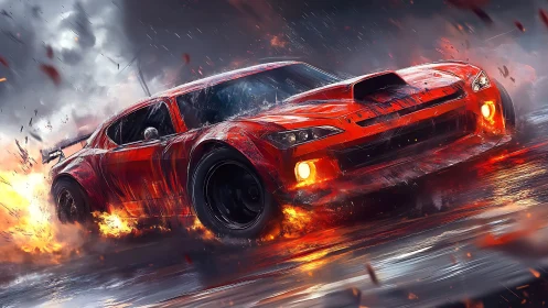 Aerodynamic red race car drifts through flaming wet asphalt at speed