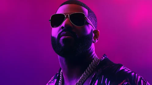 Neon-lit portrait of stylish man in reflective jacket.