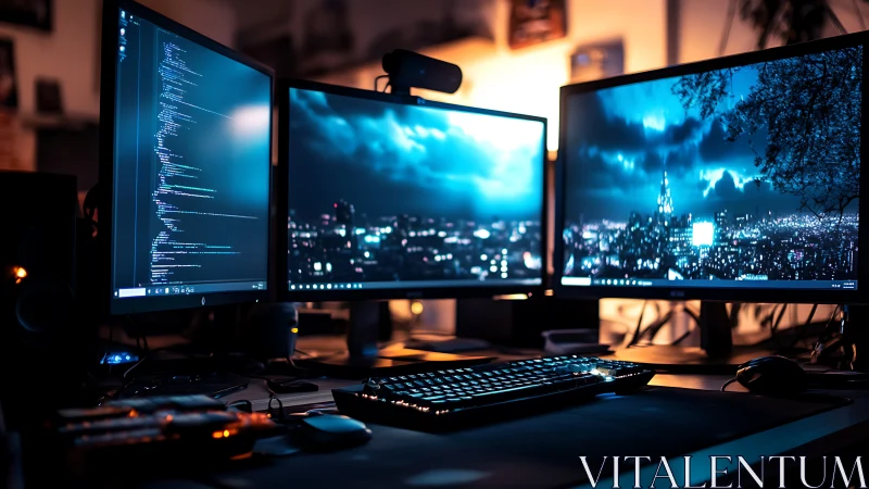 Triple-monitor coding workstation with cinematic cityscapes.