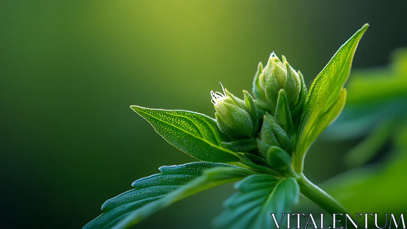 Morning light caresses a dewy green bud in soft focus