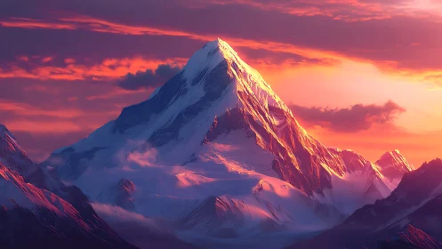 Crimson Sky Crowned Peak in Emberkissed Winter Silence.