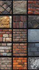 Matrix of worn brick and stone wall textures with varied aging