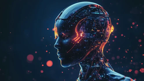 Side profile of illuminated humanoid robot with circuits