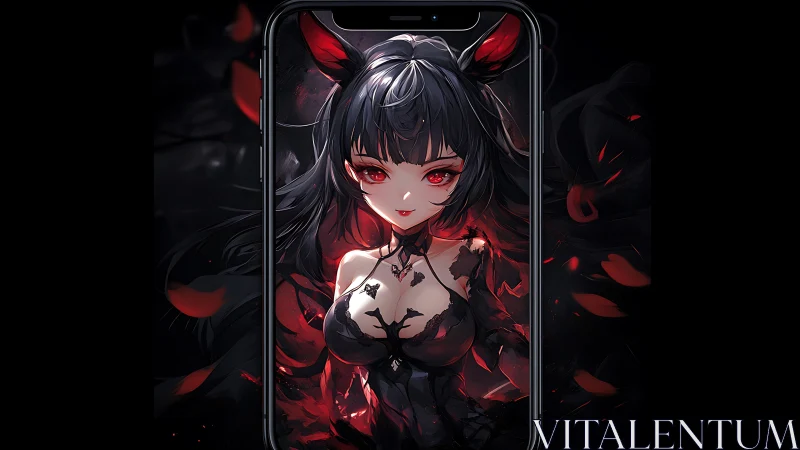 Dark crimson anime succubus framed within smartphone screen.