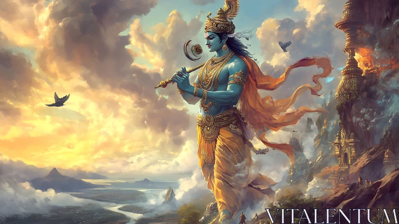 Divine blue deity strides through radiant mythic sky.