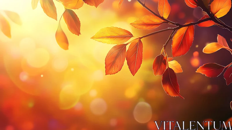 Golden autumn leaves glowing in gentle evening sunlight.
