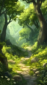 Sunlit Forest Path Through Ancient Trees