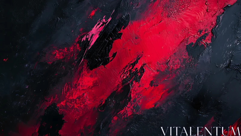 Bold red and black abstract acrylic painting with dramatic texture.