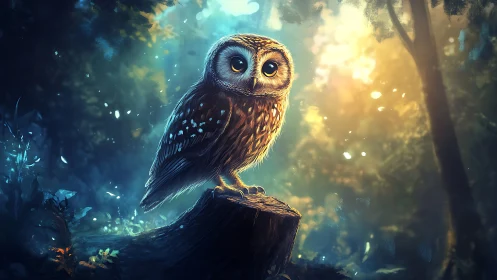 Enchanting Owl on Tree Stump in Magical Forest, Digital Art Style.