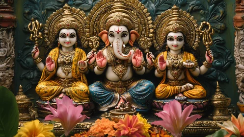 Golden divine trio shares blessings amid lotus-bright offerings