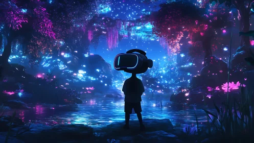 Child explorer with VR headset in neon bioluminescent forest.