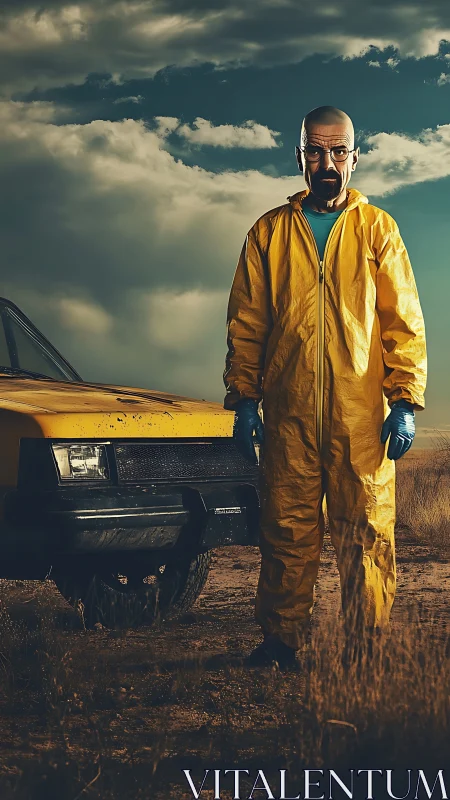 Man in yellow hazmat suit standing by dusty yellow car.