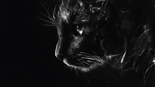High-contrast monochromatic feline portrait with dramatic lighting and volumetric atmospheric effect
