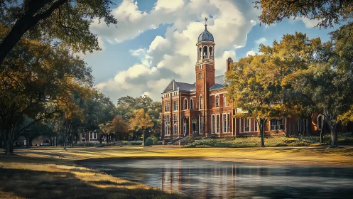 Historic brick campus building reflected across quiet pond