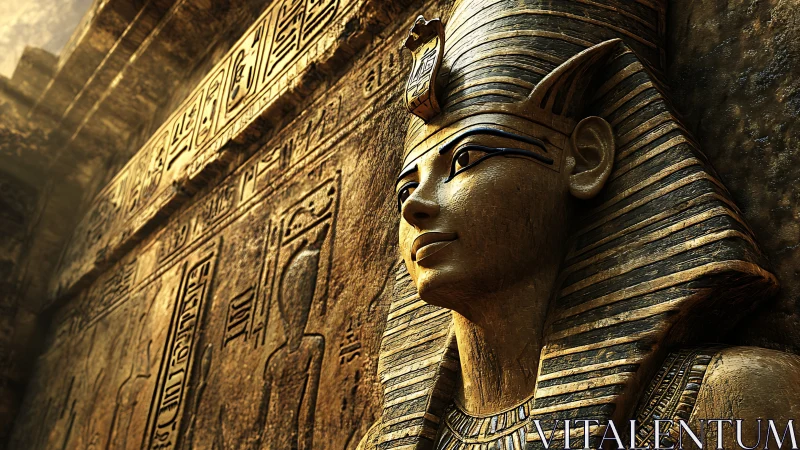 Golden pharaoh relief with sunlit hieroglyphic stone wall.