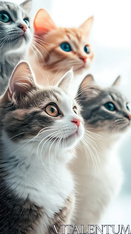 Four Cats Gazing Upward with Striking Blue Eyes.