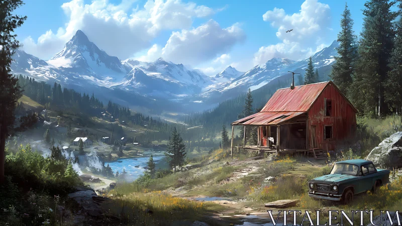 Weathered mountain cabin overlooks a bright alpine valley