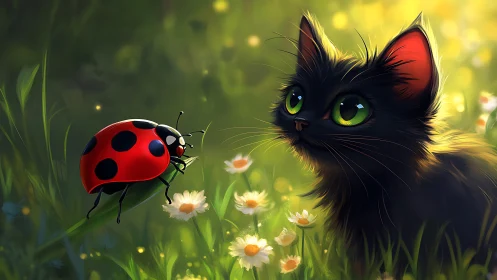 Black kitten observes red ladybug in bright meadow light