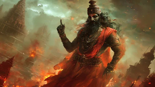 Warrior deity in red amid burning temples and smoke.