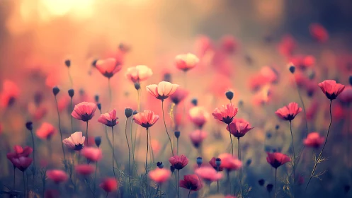 Blushing meadow of coral poppies bathed in honeyed twilight.