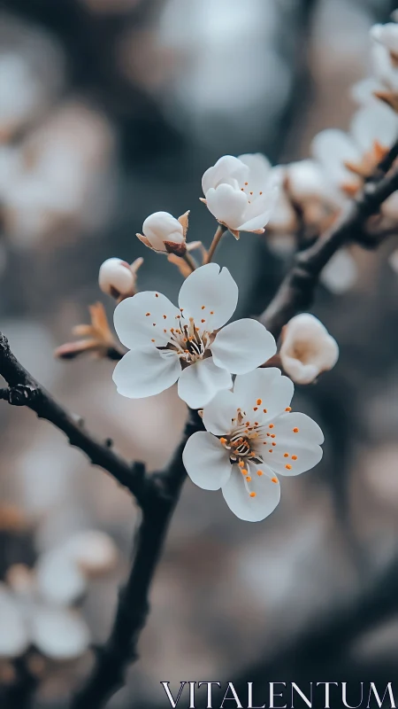 White blossoms on dark branch with unfocused background.