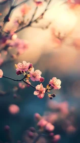 Pink Cherry Blossoms on Branch Captured in Sharp Focus and Bokeh