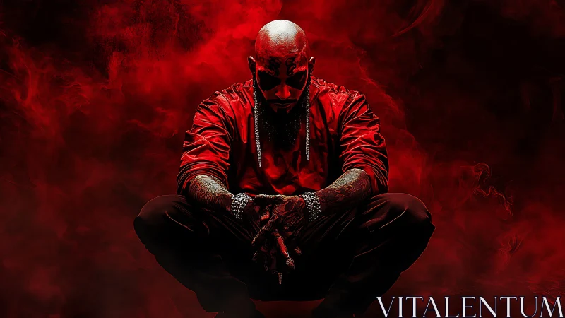 Bald tattooed man in red smoke rendered with cinematic contrast