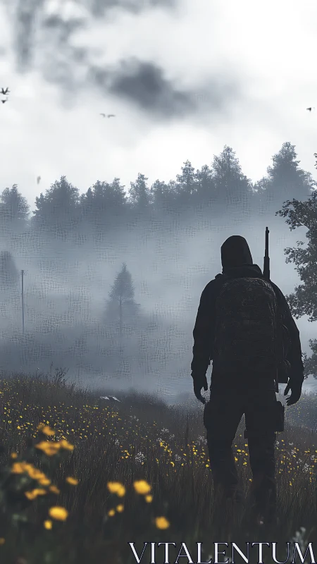 Silhouetted armed figure standing in misty forest clearing.