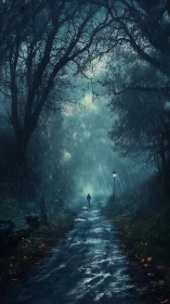 Lone wanderer crossing a rain-soaked forest road at dusk.