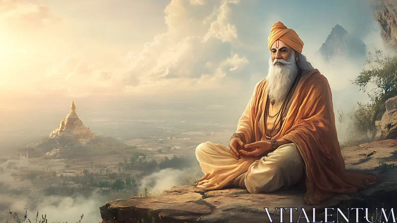 Mountain sage in golden robes overlooking distant temple.