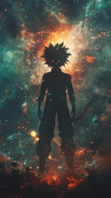 Cosmic anime warrior silhouette stands within erupting nebula