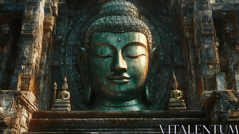 Serene Buddha relief carved into ancient stone temple wall.