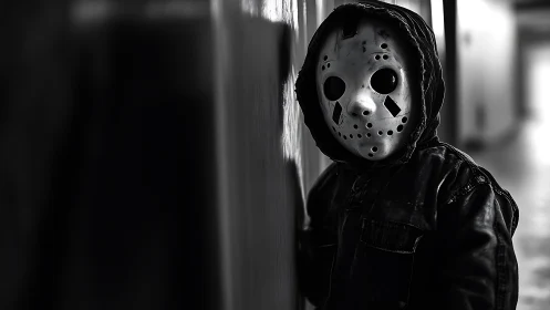 Small masked shadow child haunts a stark monochrome hallway.