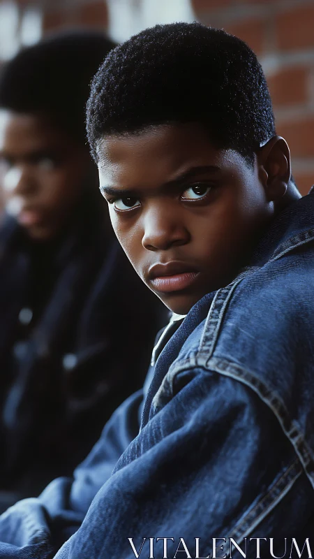 Quiet strength in denim and brickbound afternoon light.