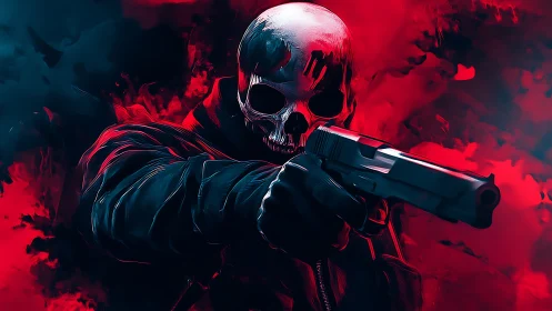 Digital painting of skull-masked gunman in red smoke field.