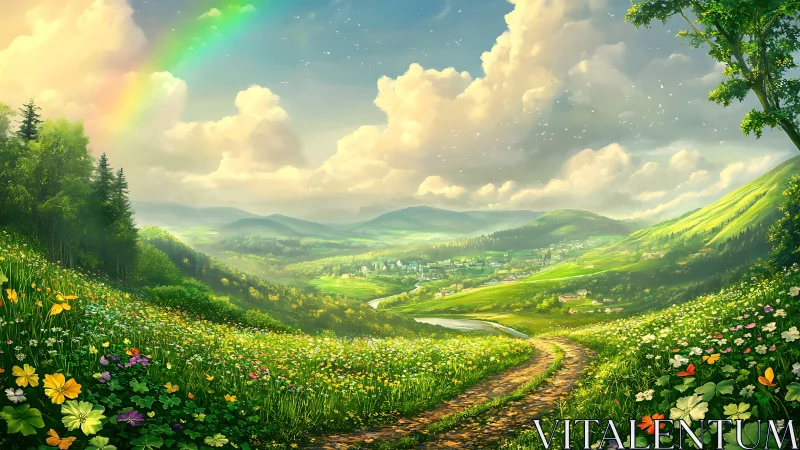 Radiant valley panorama with floral meadow and spectral rainbow.